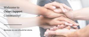 A welcome banner for Chiari Support community featuring a group of hands symbolizing unity